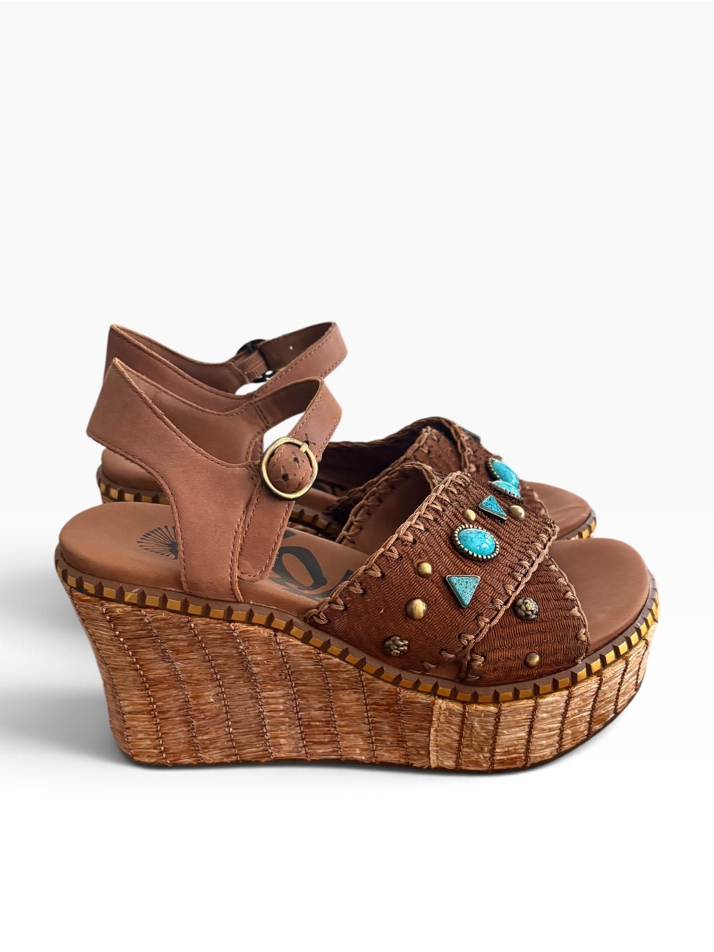OTBT Cahoot Turquoise Stone Studded Woven Platform Wedge Sandals Sz 7.5